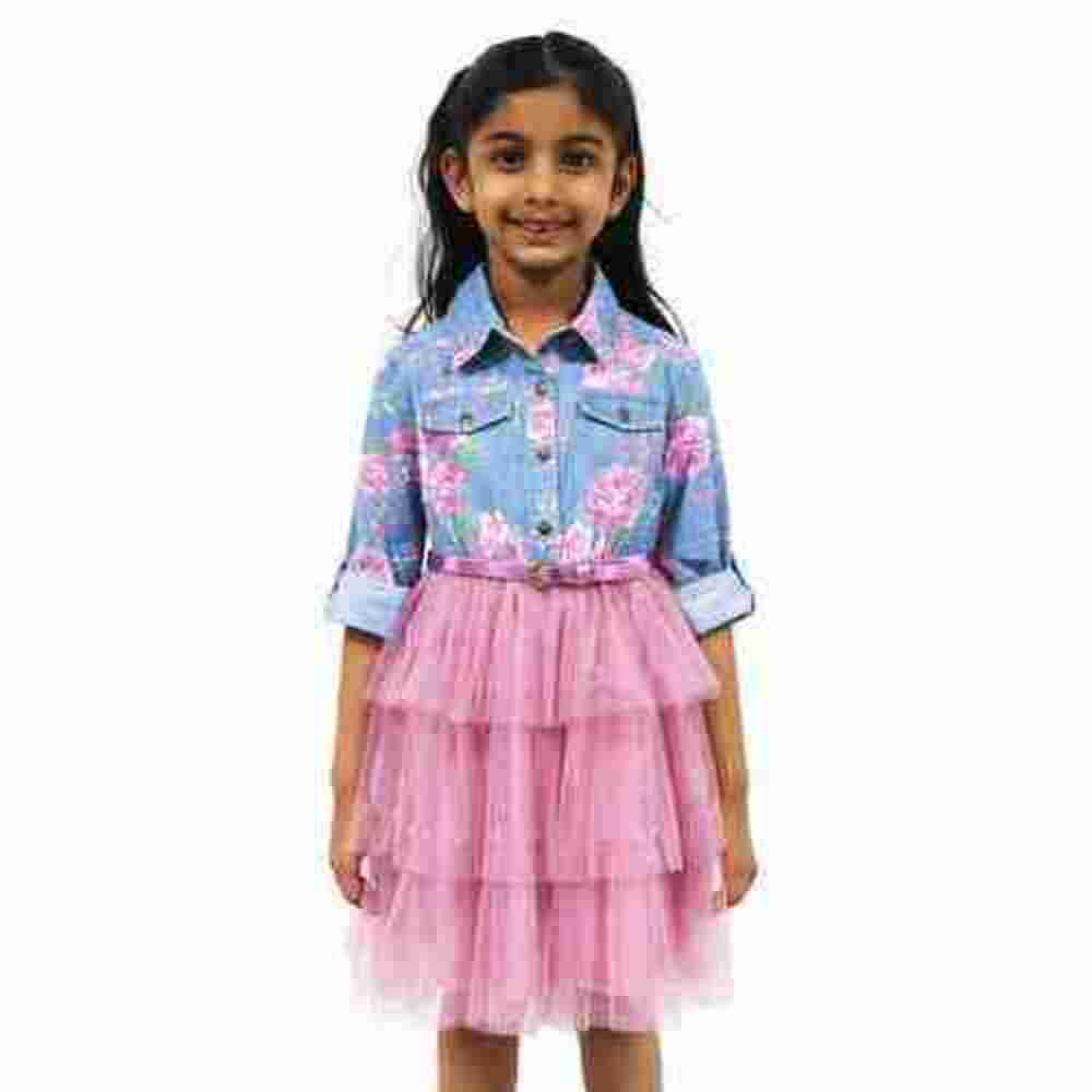 Pink & Violet Floral-Print Denim Tutu Dress